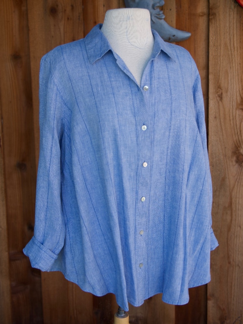J.Jill 100% Linen/Cotton Blue Stripe Button Down Blouse Woman's PXL
